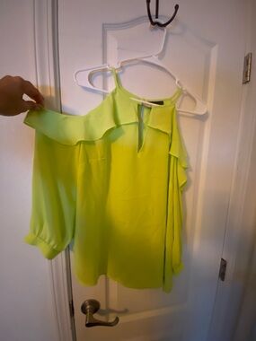 BOLD elements Neon Lime One-Shoulder Ruffle Blouse